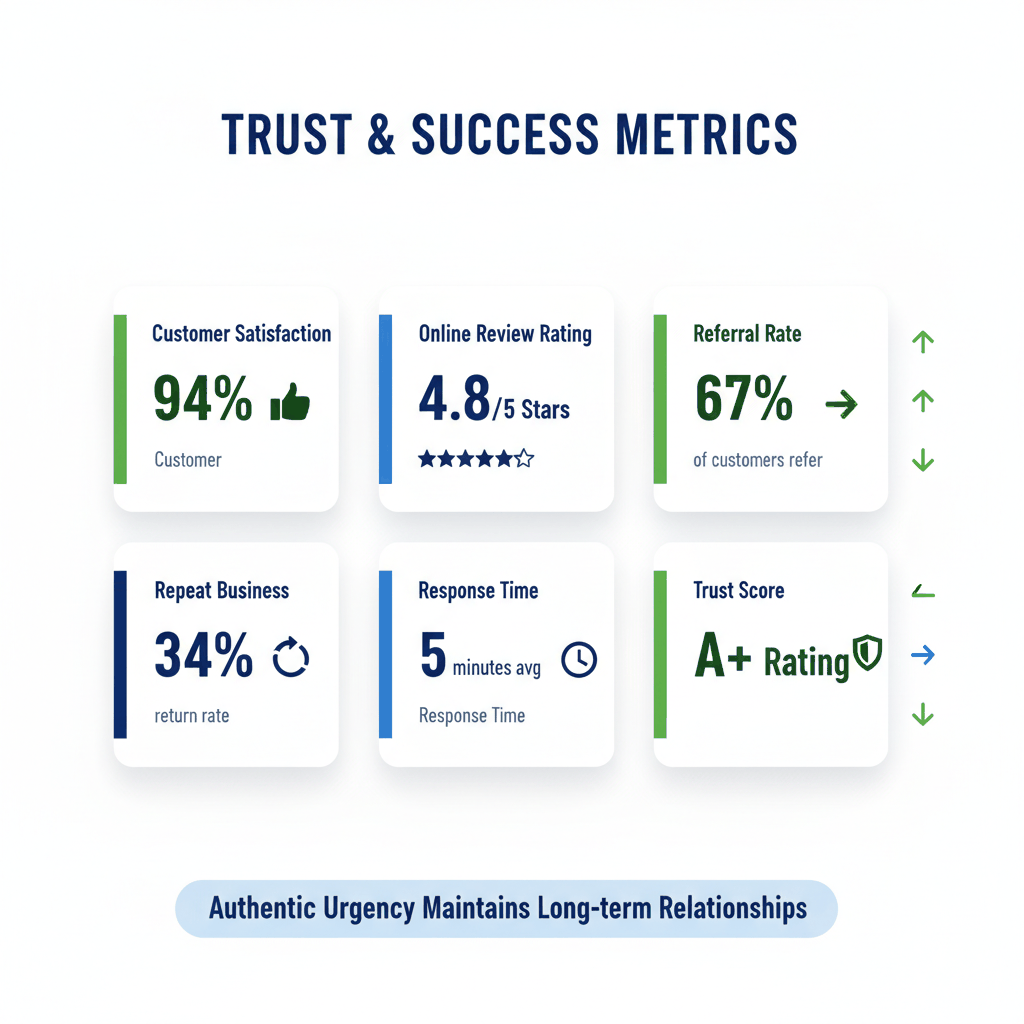 Customer trust monitoring dashboard showing satisfaction scores, review ratings, referral rates, and trust metrics for flooring contractors using authentic urgency tactics