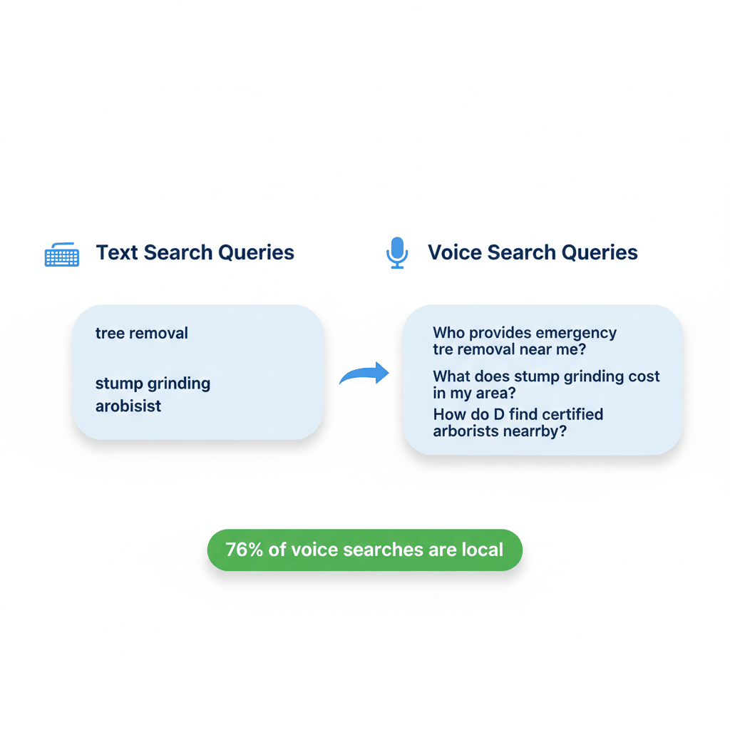 Voice search vs text search query comparison showing conversational patterns for tree service SEO optimization