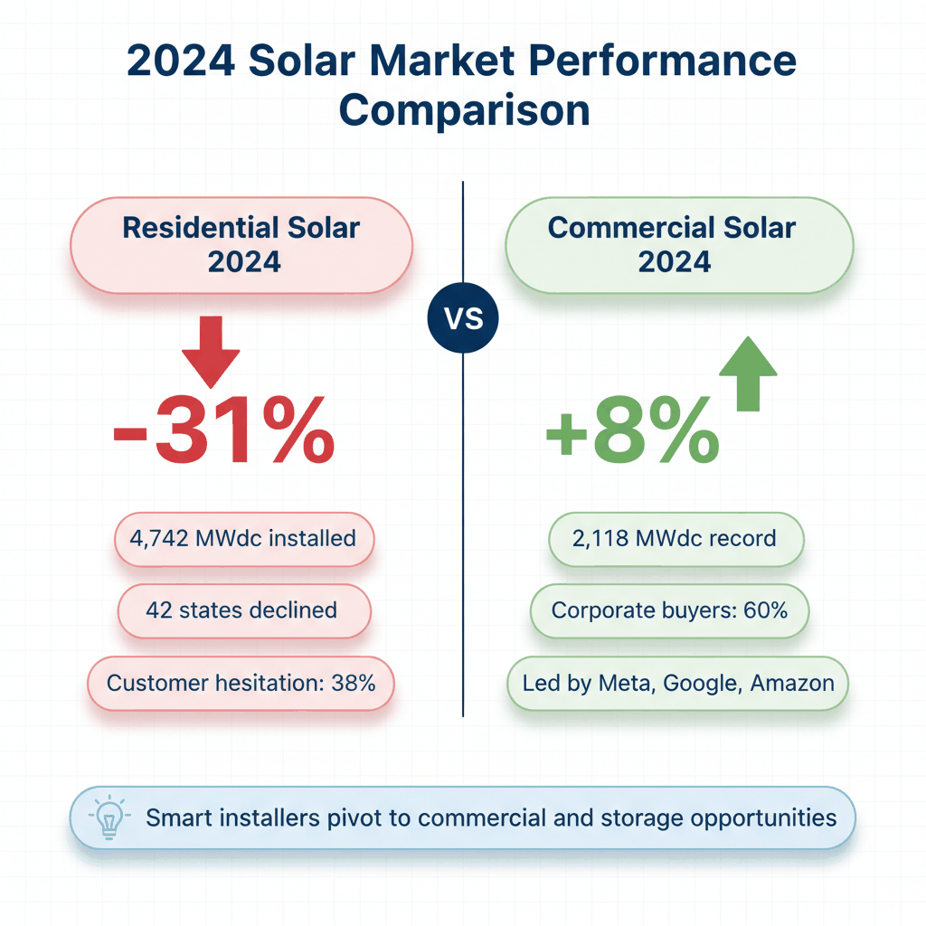 Commercial versus residential solar market performance comparison 2024 - installer business opportunities
