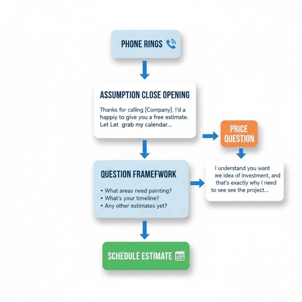 Phone script flowchart for painting contractors showing assumption close opening and question framework process