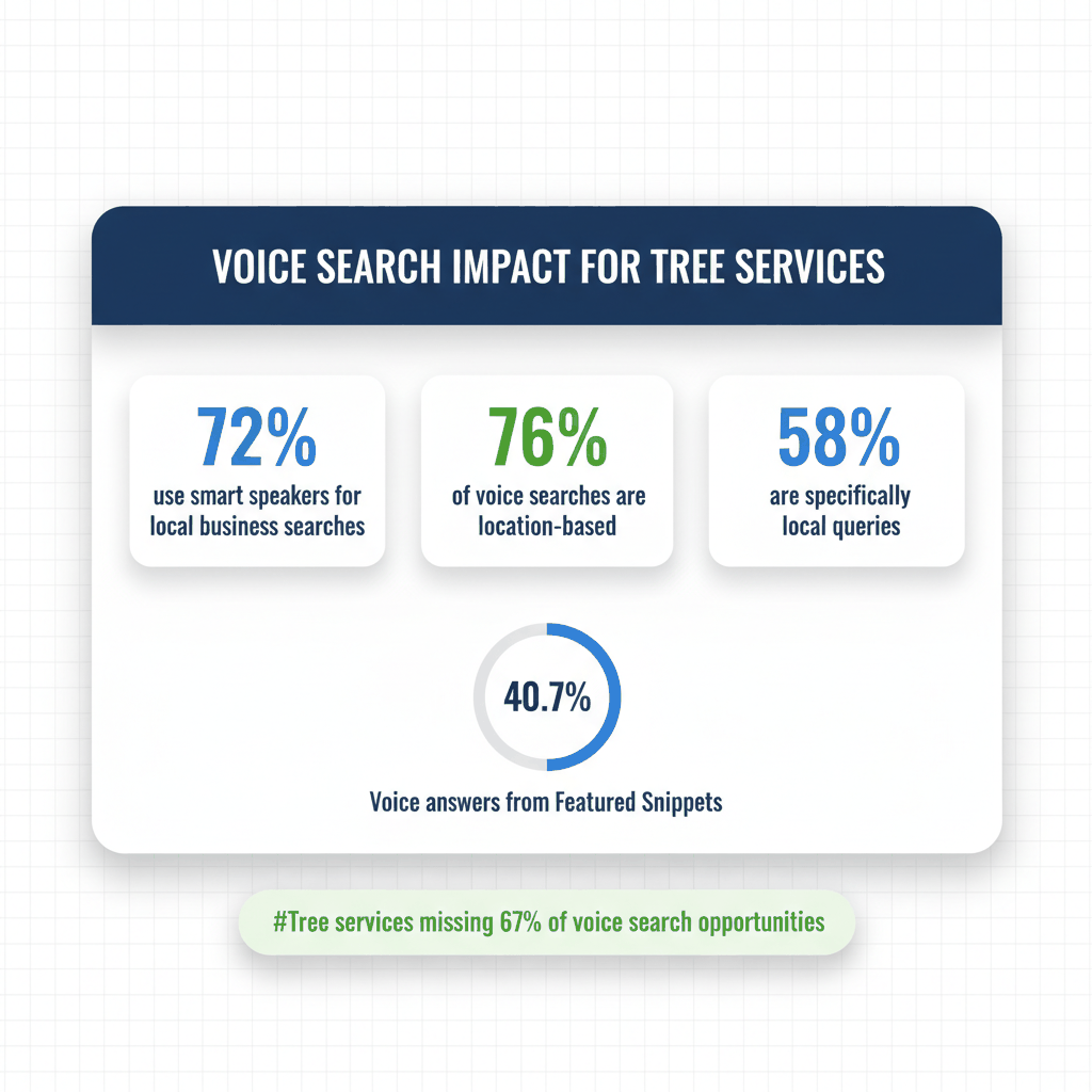 Voice search statistics dashboard showing 72% smart speaker usage and 76% local search patterns for tree service optimization