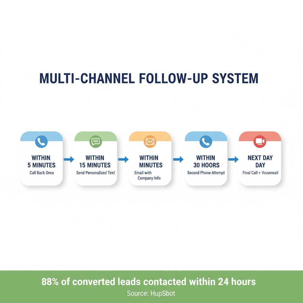Multi-channel follow-up system showing 5-step process for painting contractor missed call response within 24 hours