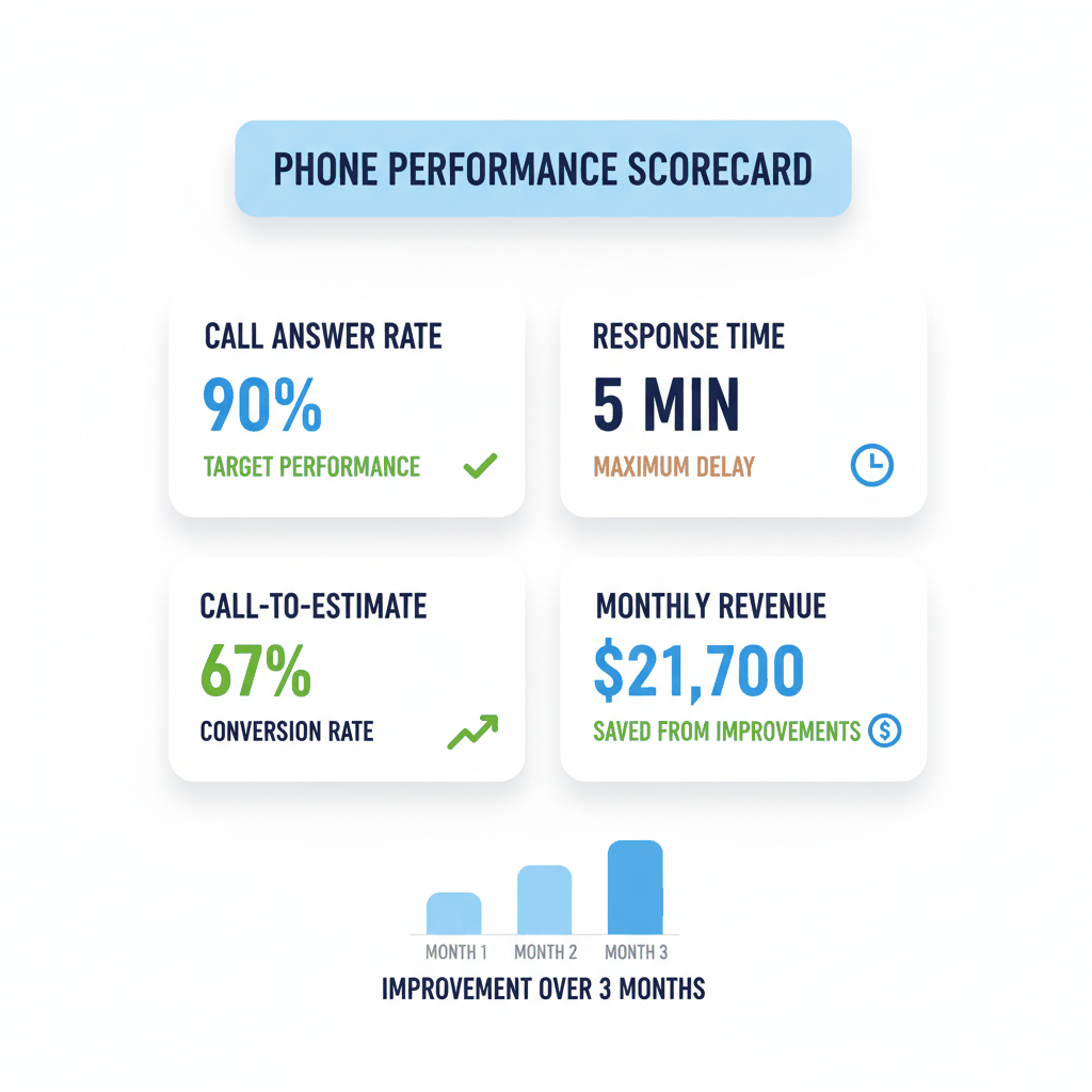Phone performance metrics dashboard showing call answer rates, response times, and conversion improvements for painting contractors