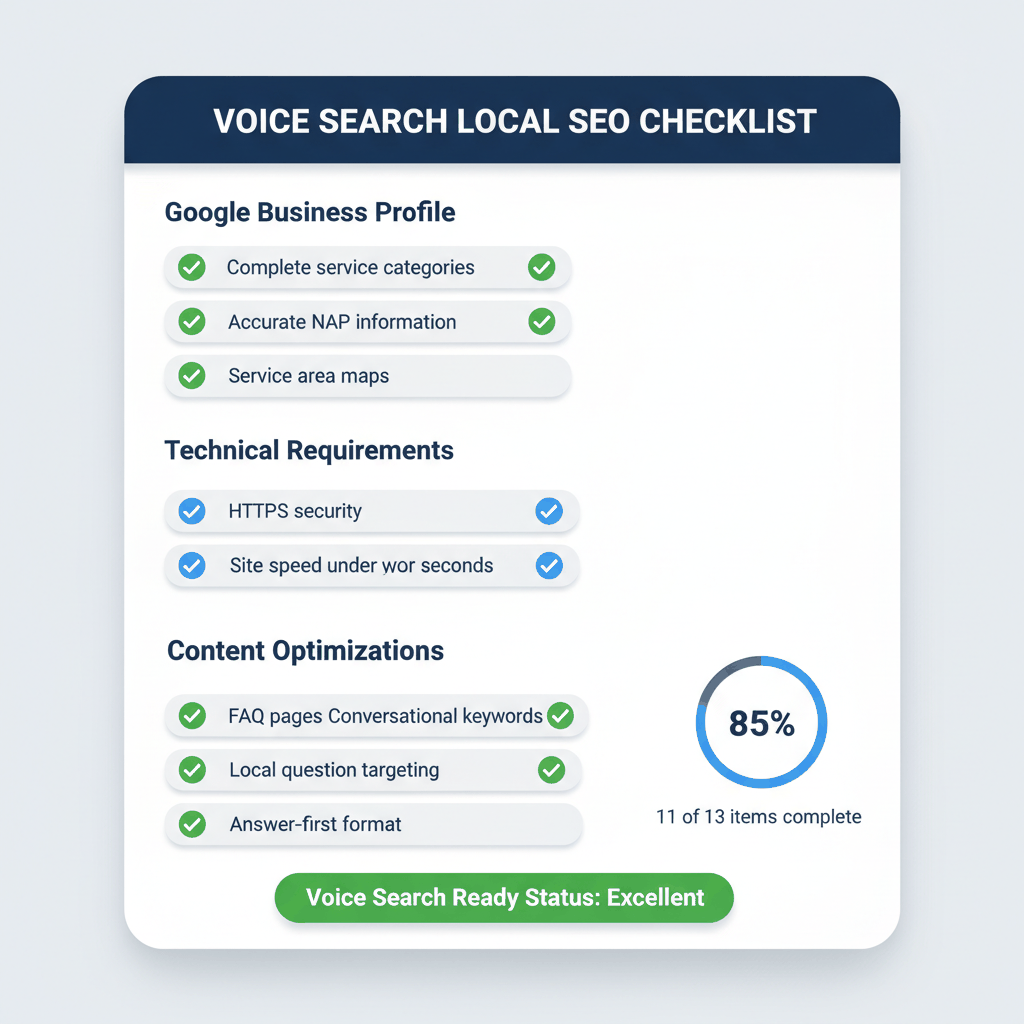 Voice search local SEO checklist for tree services showing Google Business Profile optimization and technical requirements
