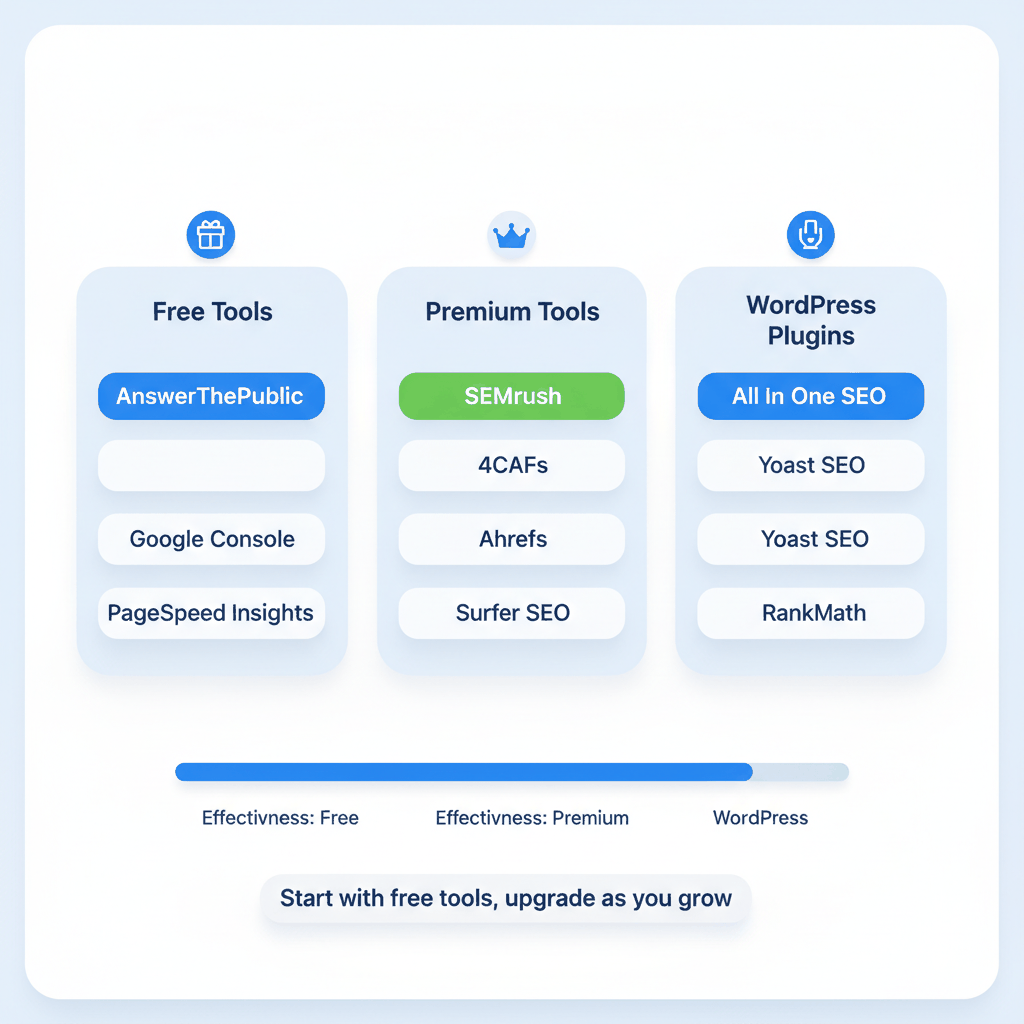 Voice search optimization tools comparison matrix showing free and premium options for tree service SEO