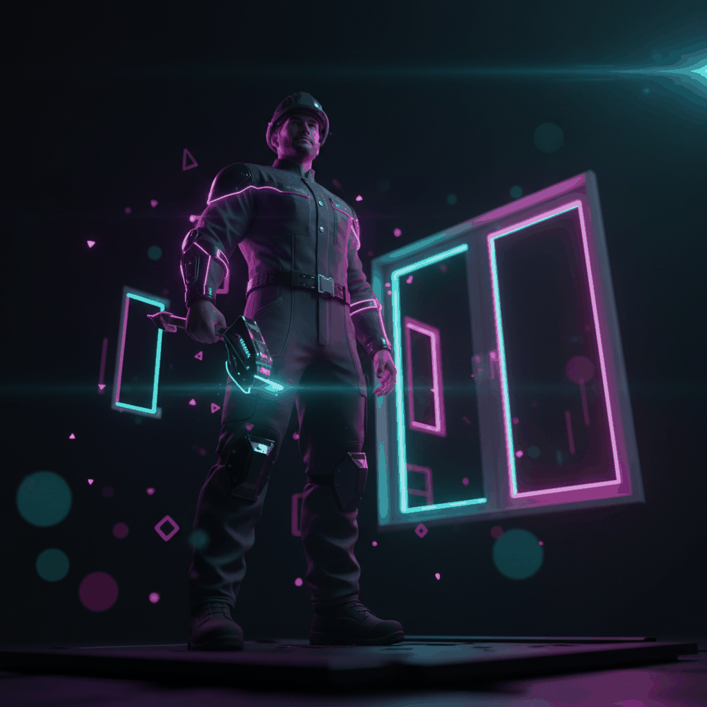 Professional window installation contractor in futuristic 3D render with neon lighting - window replacement marketing mistakes