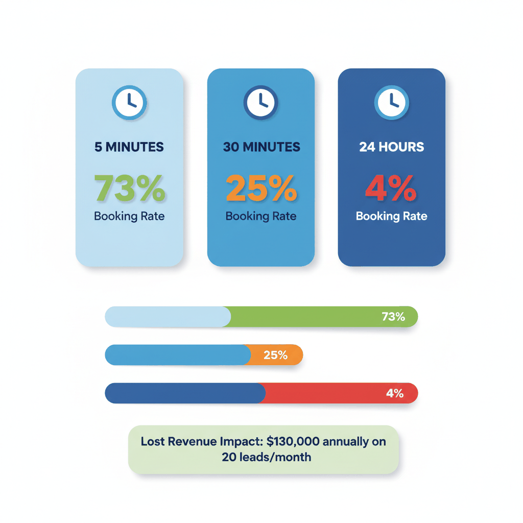 Lead response time comparison chart showing 73% booking rate at 5 minutes vs 4% at 24 hours - window installation marketing
