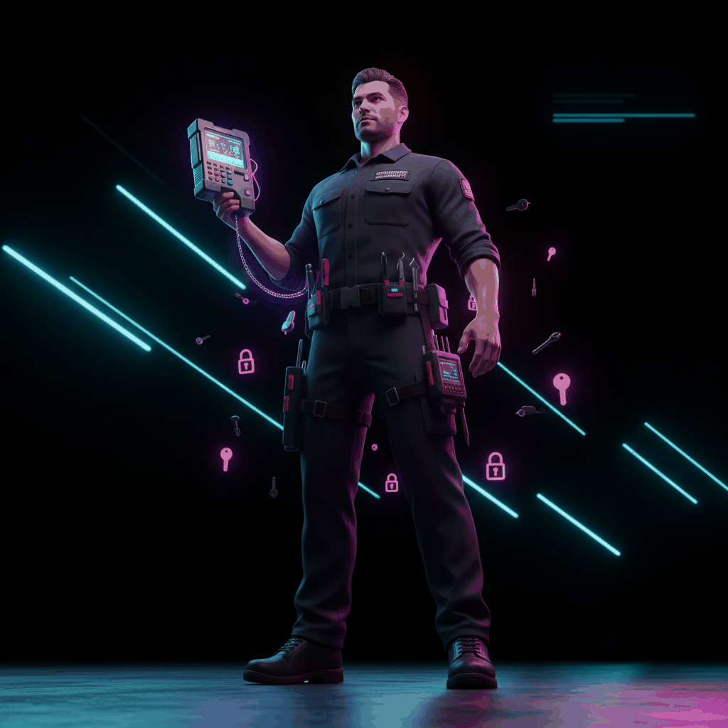 Professional emergency locksmith with advanced tools - cyberpunk 3D render showing expertise in locksmith local SEO services