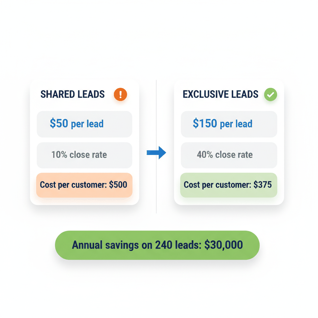 Shared leads vs exclusive leads cost analysis showing $30,000 annual savings - window replacement marketing strategies