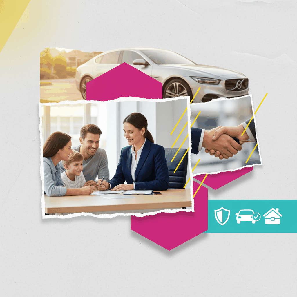 Contemporary photo collage of auto insurance sales professional meeting with family clients - auto insurance sales psychology techniques