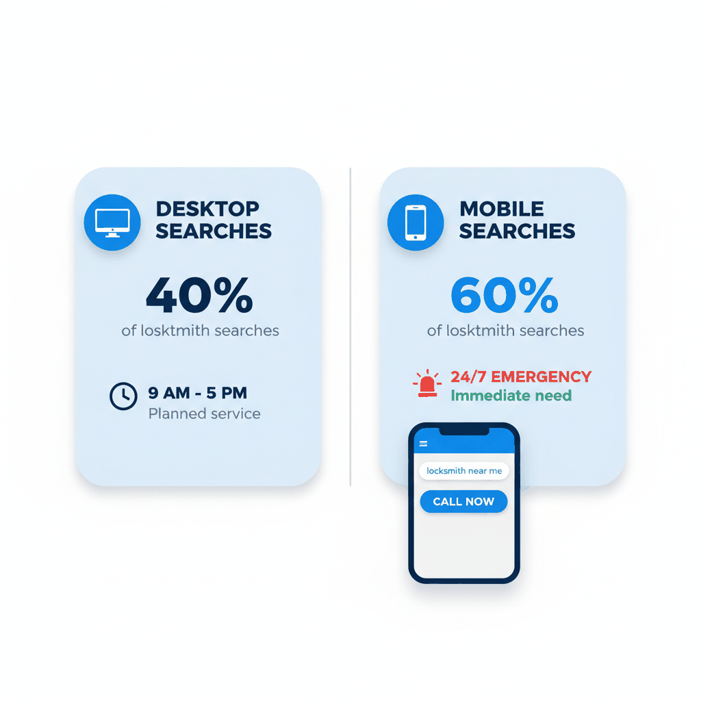 Mobile vs desktop locksmith search comparison showing 60% mobile usage for emergency locksmith local SEO optimization