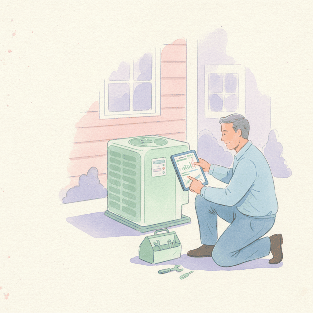 Watercolor illustration of HVAC technician with digital tablet and air conditioning unit - manual vs smart bidding strategies