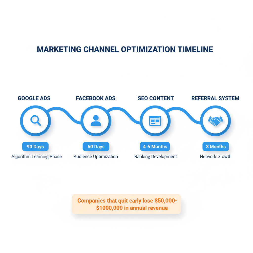Marketing channel testing timeline showing Google Ads needs 90 days, SEO needs 4-6 months - window installation marketing mistakes