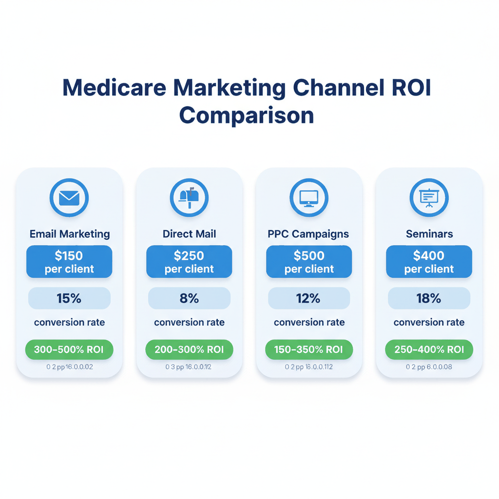 Medicare marketing channel cost comparison showing email marketing, direct mail, PPC, and seminar ROI rates and patient acquisition costs