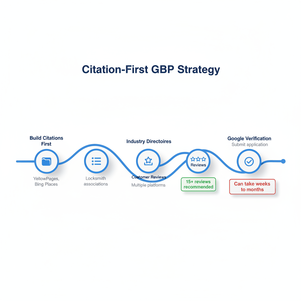 Google Business Profile verification timeline for locksmiths showing citation-first strategy for successful verification