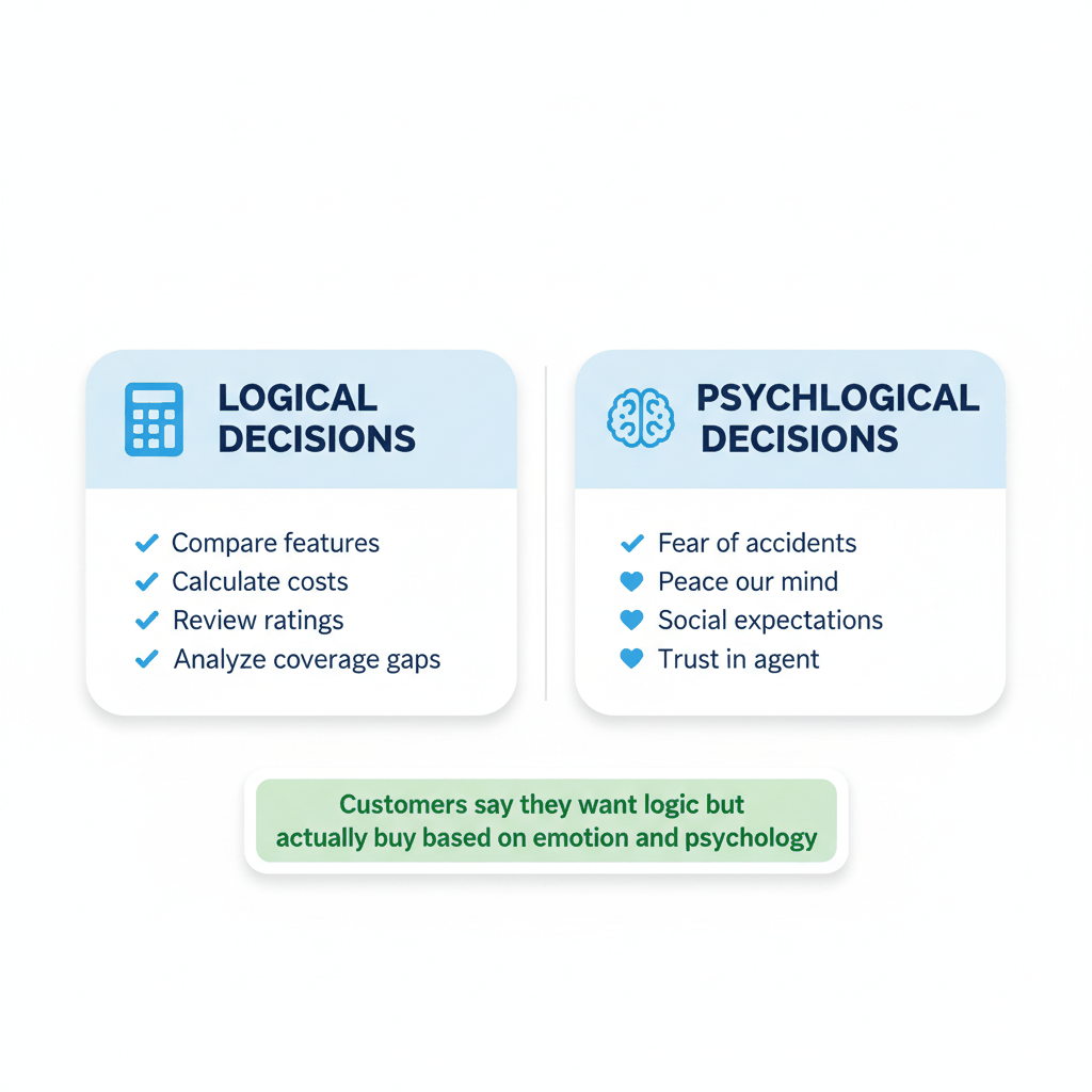 Split-screen infographic comparing logical versus psychological factors in auto insurance customer decision-making processes