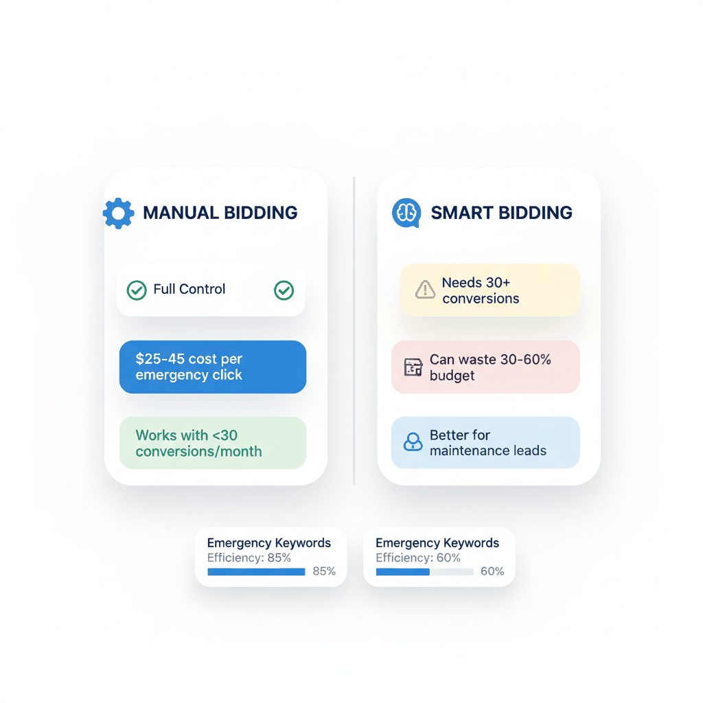 Manual vs smart bidding comparison dashboard showing HVAC Google Ads performance metrics and cost differences