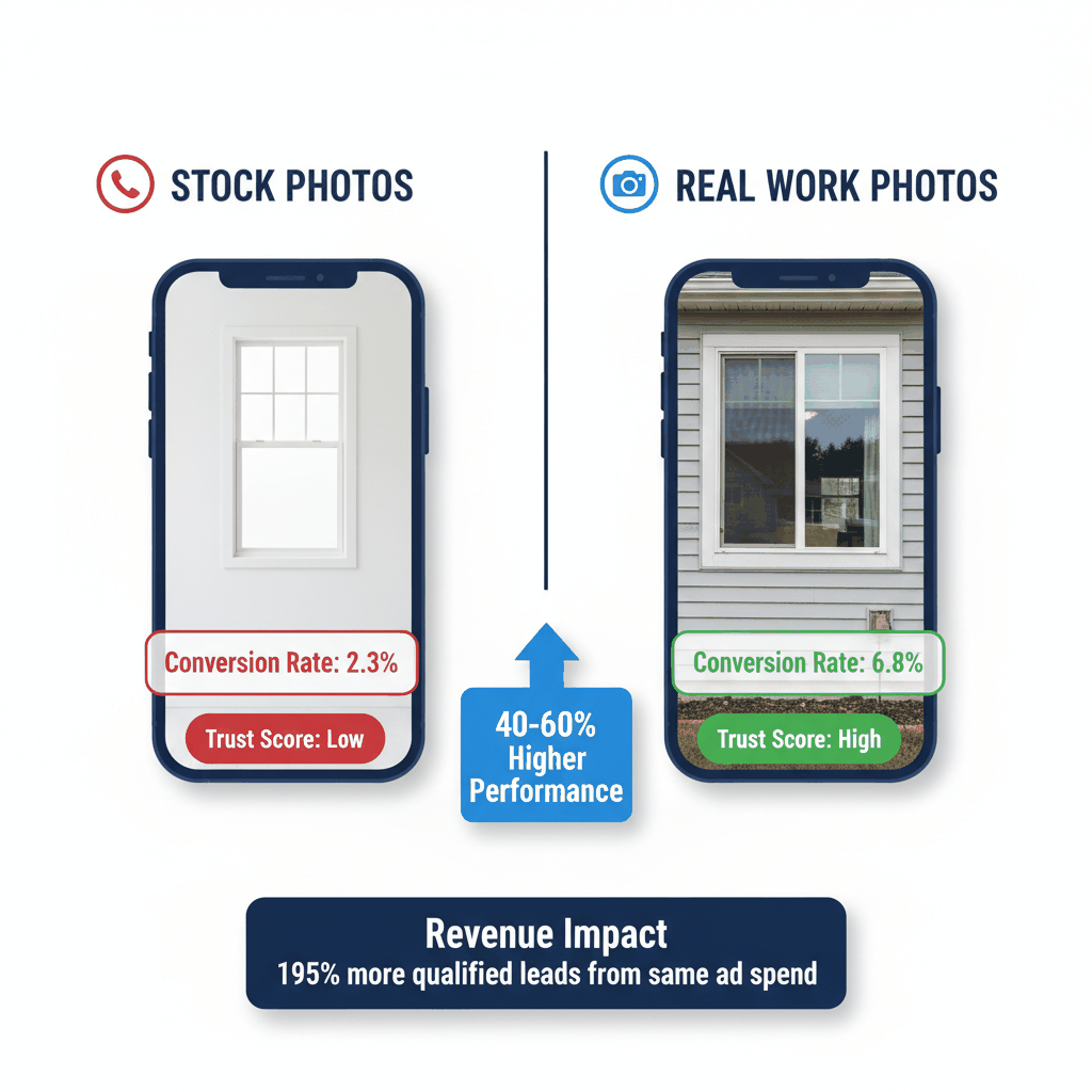 Real work photos vs stock photos conversion rate comparison showing 40-60% higher performance - window replacement marketing