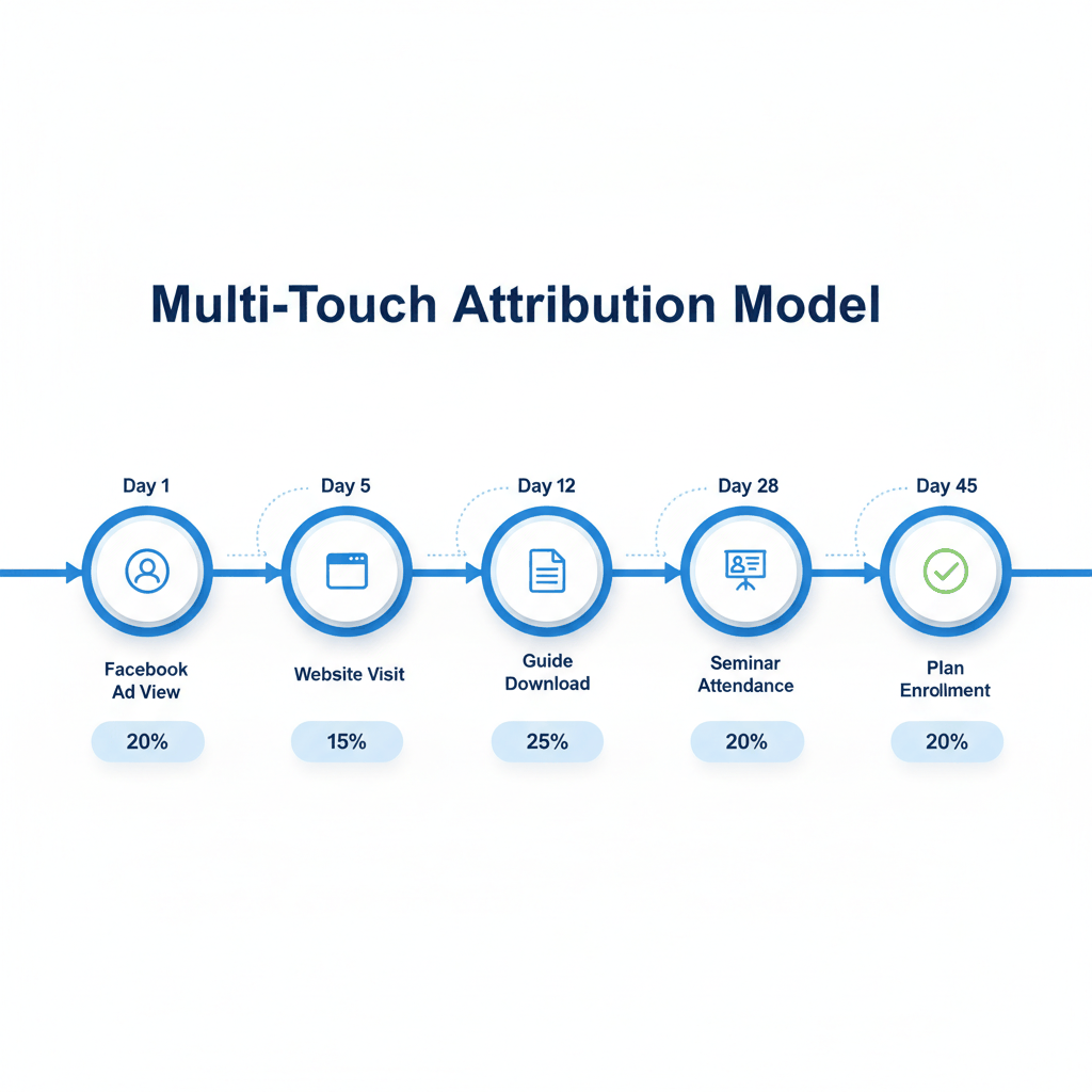 Medicare patient journey multi-touch attribution timeline showing 45-day conversion path from Facebook ad to plan enrollment