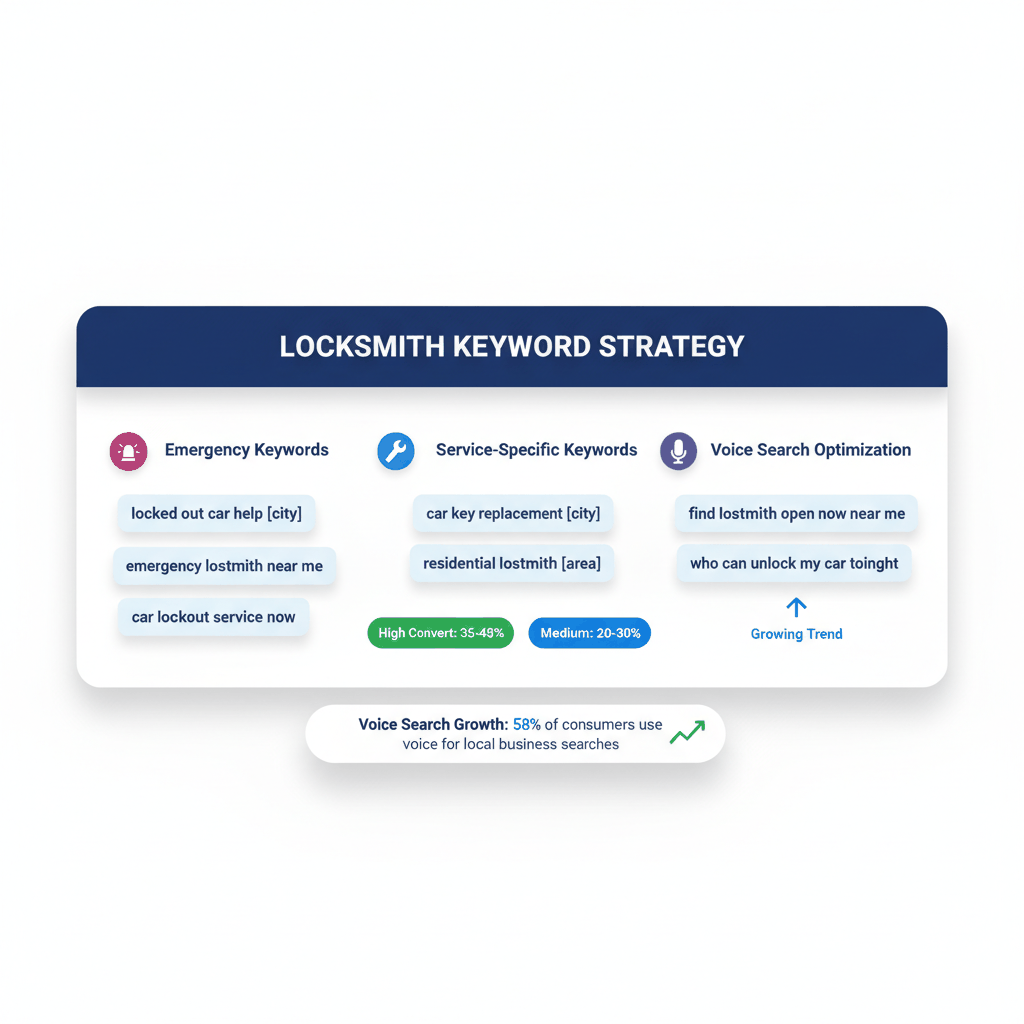 Locksmith local SEO keyword targeting strategy showing emergency, service-specific, and voice search optimization approaches
