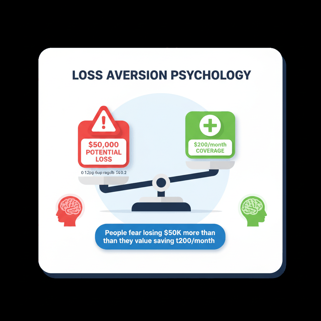 Loss aversion psychology illustration showing how customers fear potential losses more than they value monthly savings in auto insurance decisions