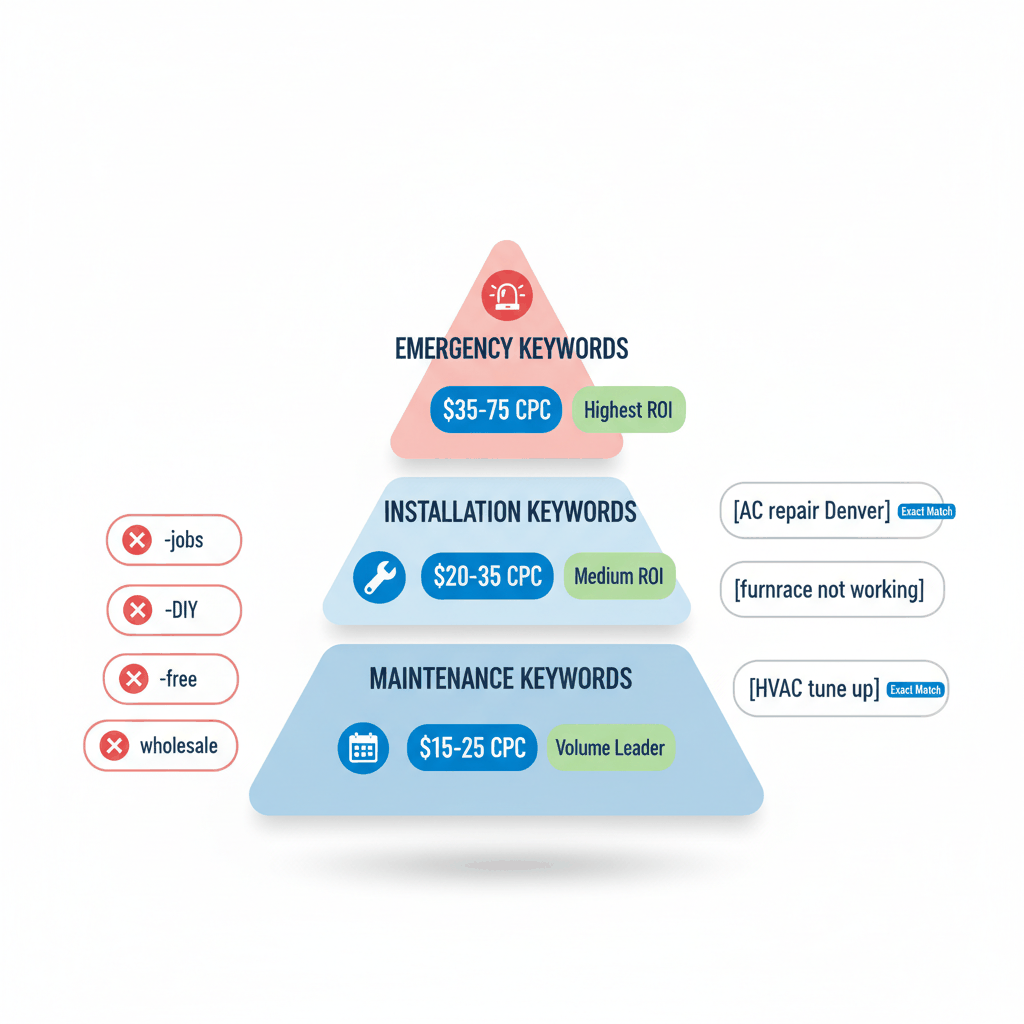 HVAC keyword strategy pyramid showing emergency, installation, and maintenance keyword tiers with cost per click ranges