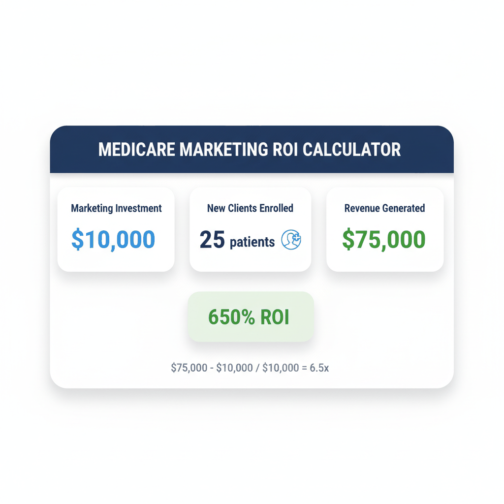 Medicare marketing ROI calculation dashboard showing $10,000 investment generating $75,000 revenue for 650% return