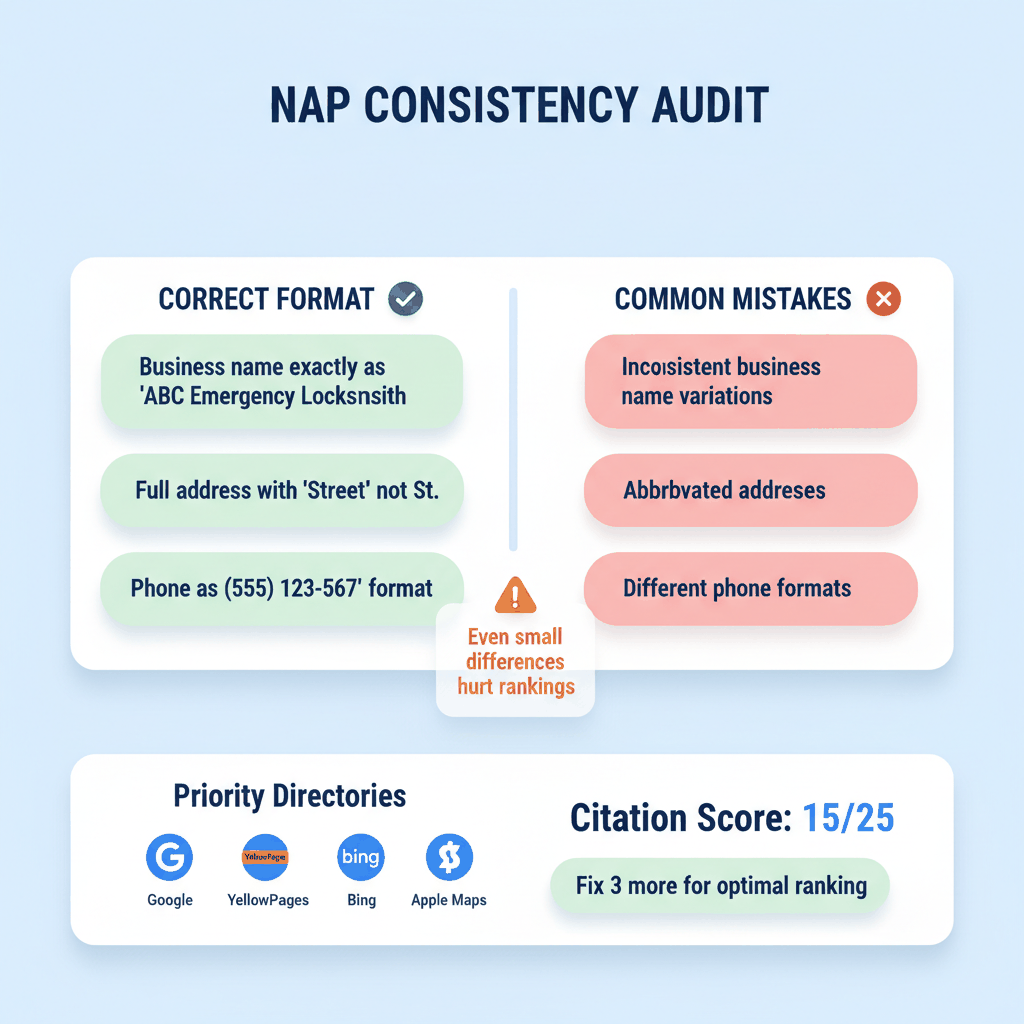 NAP citation consistency audit checklist for locksmith local SEO showing correct format vs common mistakes in business listings