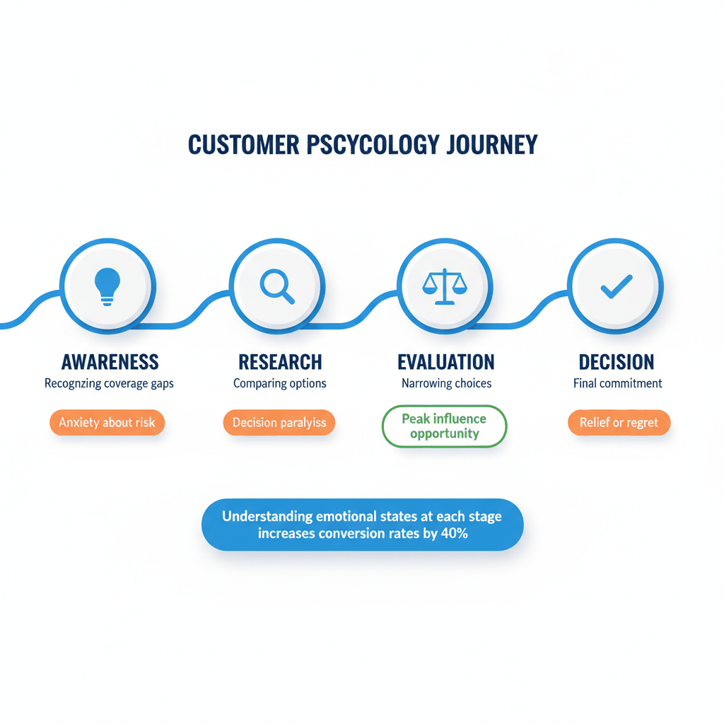 Customer psychology timeline showing emotional states and decision-making stages in auto insurance buying journey from awareness to final decision