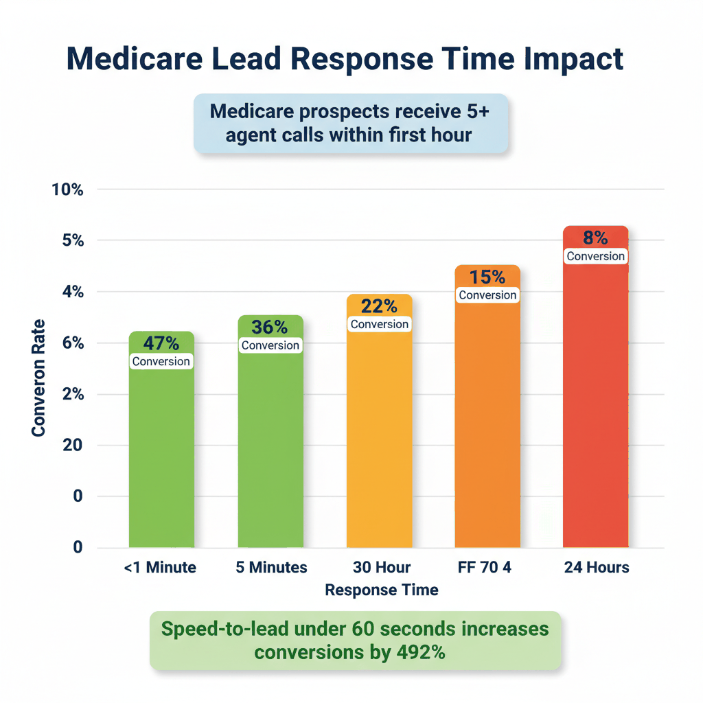Medicare lead response time conversion rates showing 47% conversion under 1 minute dropping to 8% after 24 hours
