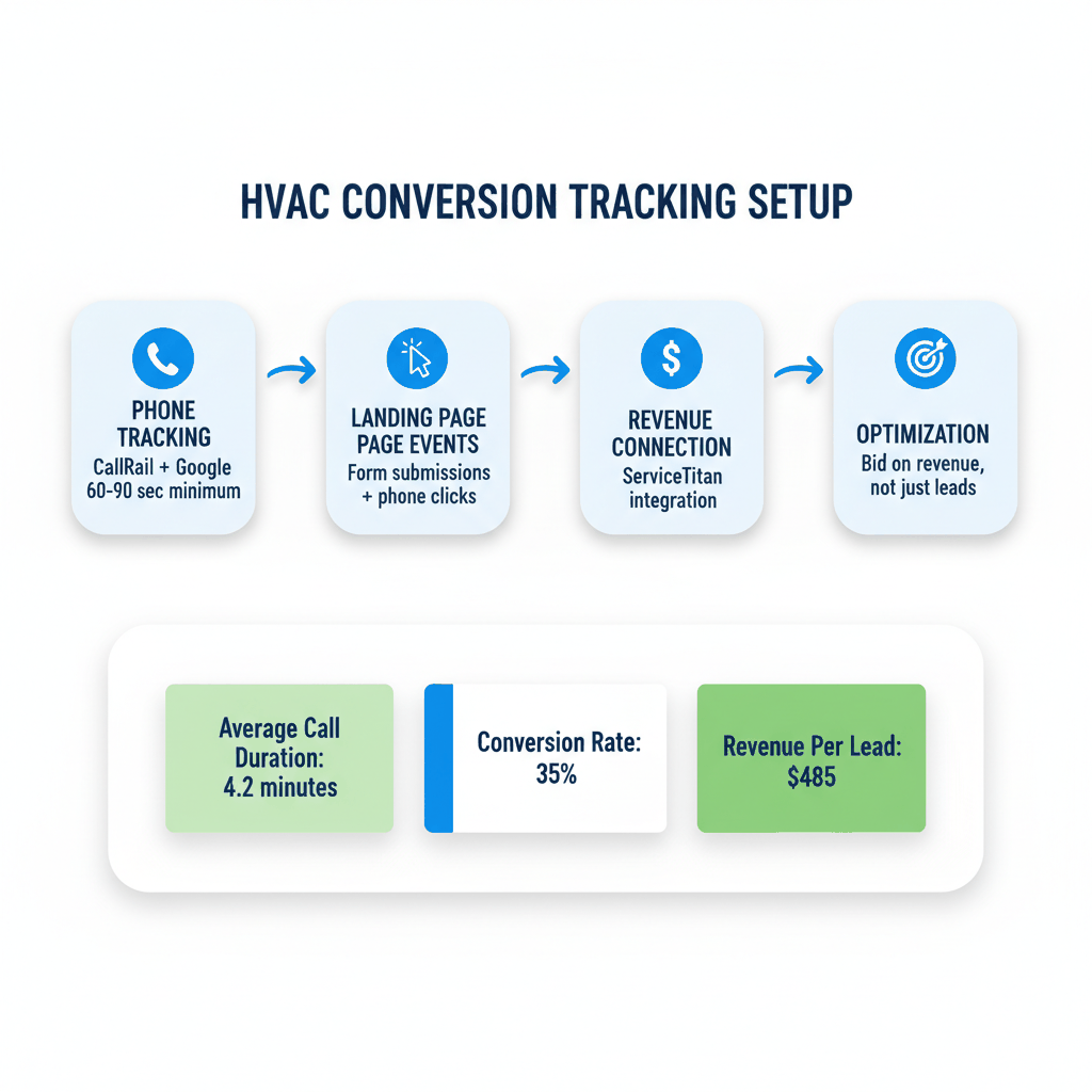 HVAC conversion tracking setup flowchart showing phone tracking, landing page events, and revenue optimization steps