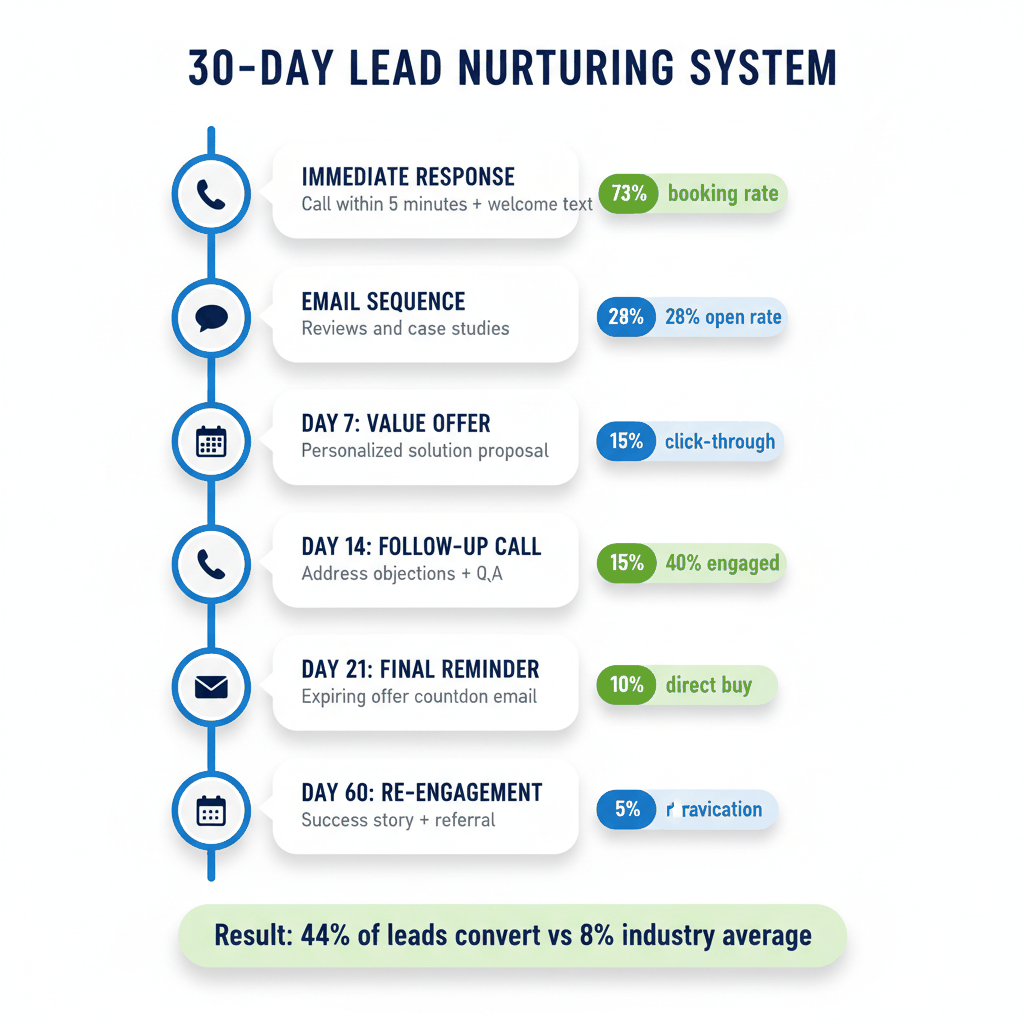 30-day window installation lead follow-up system timeline showing 44% conversion rate - contractor marketing automation
