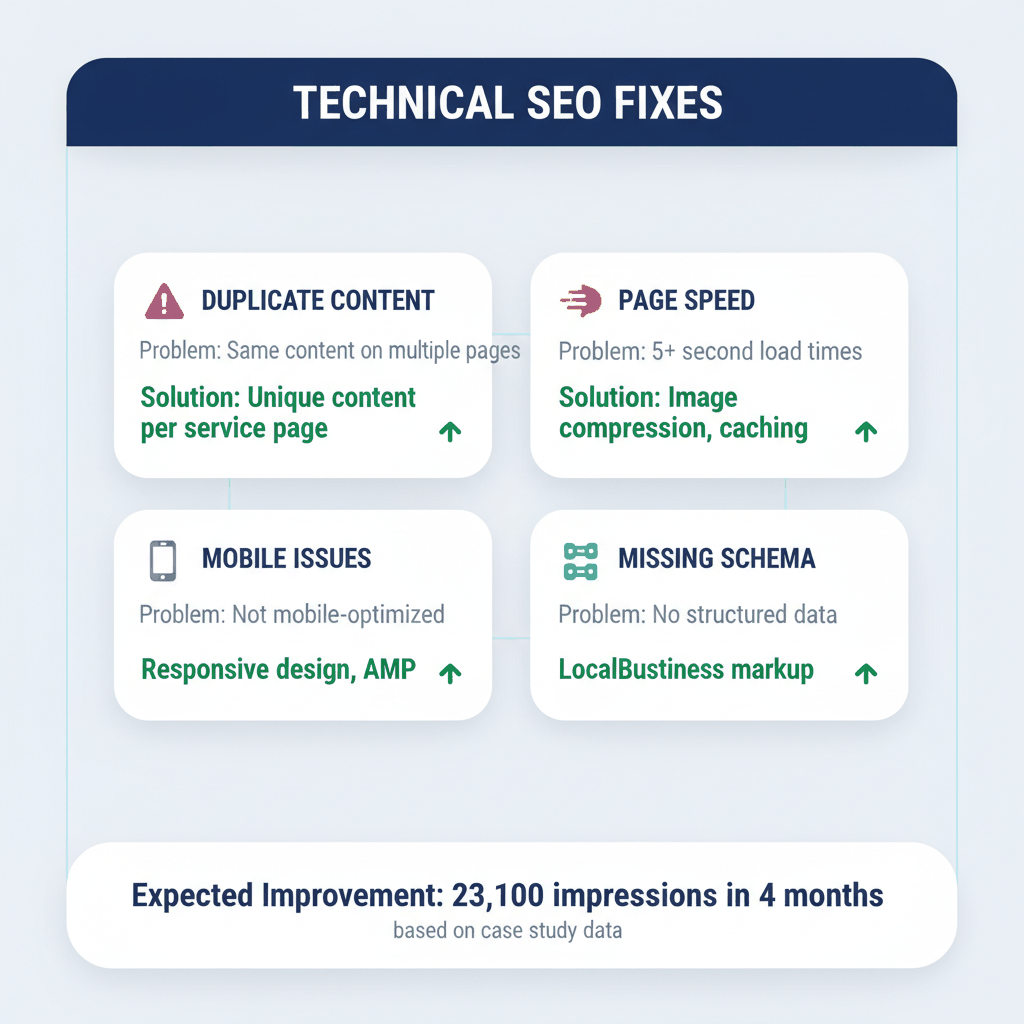 Technical SEO problems and solutions matrix for locksmiths showing duplicate content, page speed, mobile, and schema markup fixes