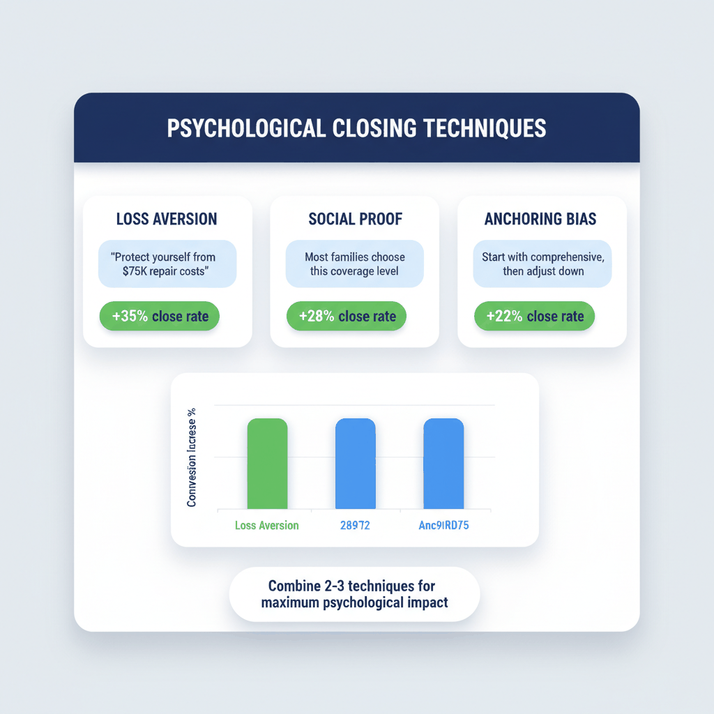 Dashboard showing three key psychological closing techniques for auto insurance sales with conversion rate improvements and example applications