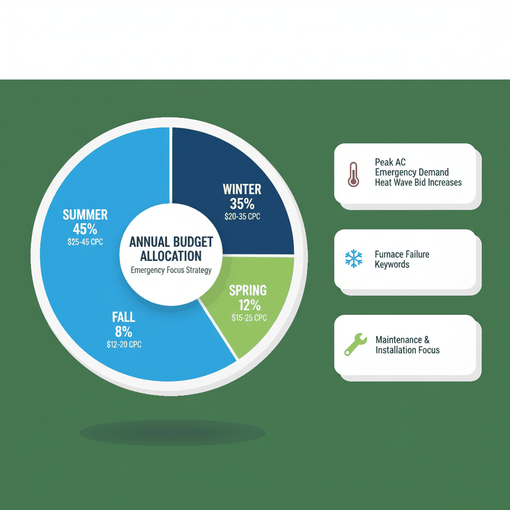 HVAC seasonal budget allocation pie chart showing summer 45%, winter 35%, spring 12%, fall 8% with cost per click ranges