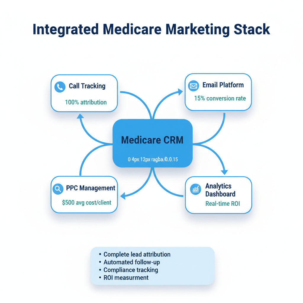 Medicare marketing technology integration diagram showing CRM connected to call tracking, email platform, PPC management, and analytics dashboard
