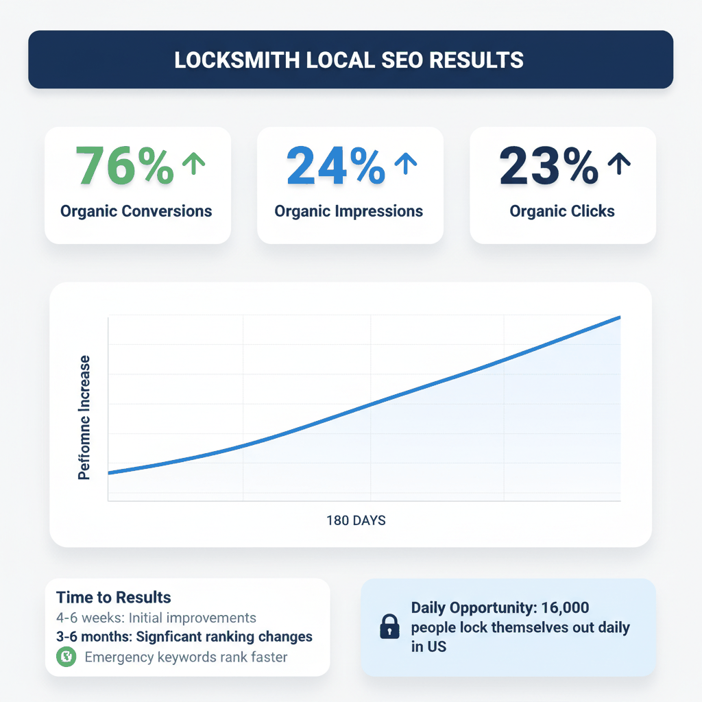 Locksmith local SEO case study results showing 76% increase in organic conversions and proven timeline for ranking improvements