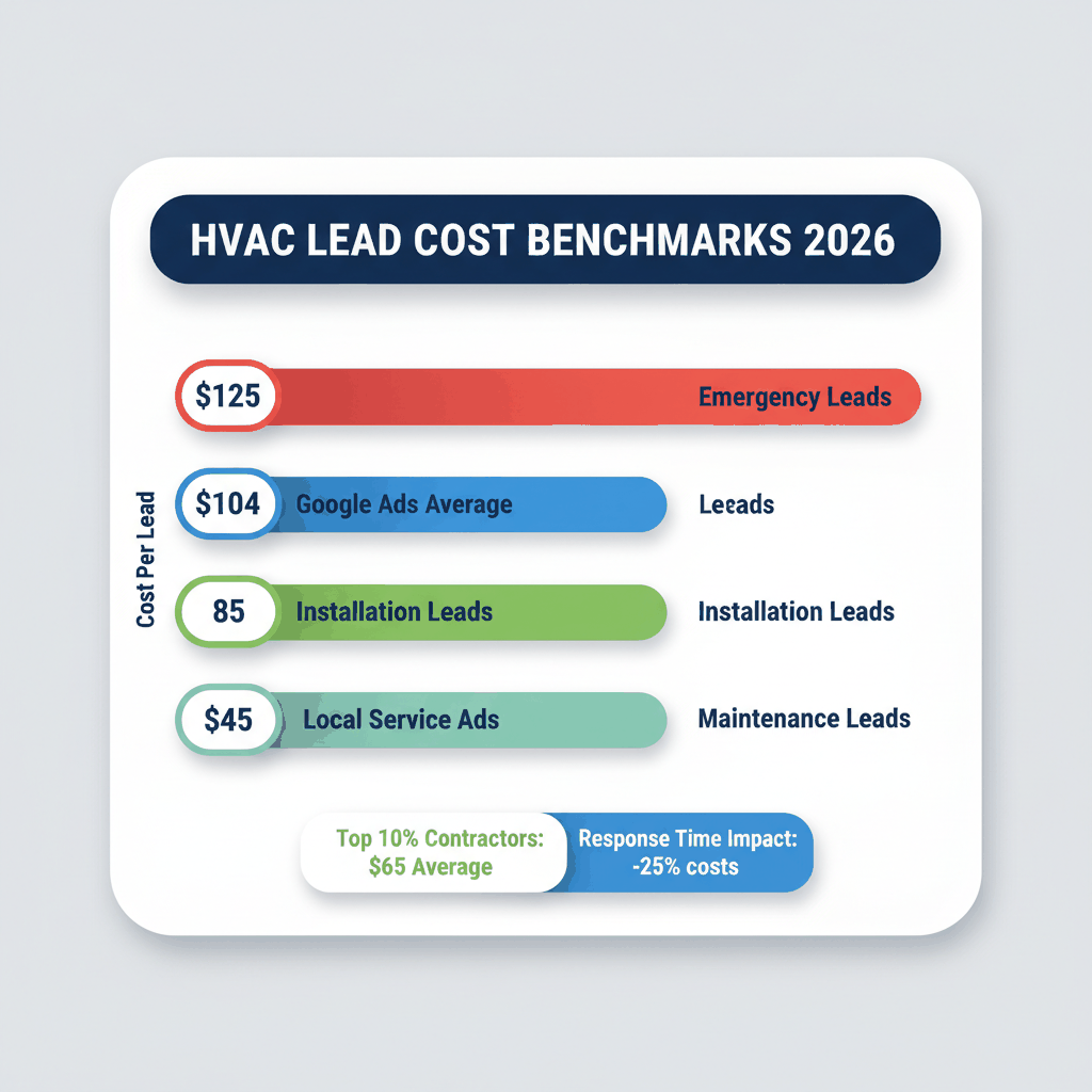 HVAC lead cost benchmark bar chart showing emergency leads $125, Google Ads average $104, installations $85, LSA $72, maintenance $45
