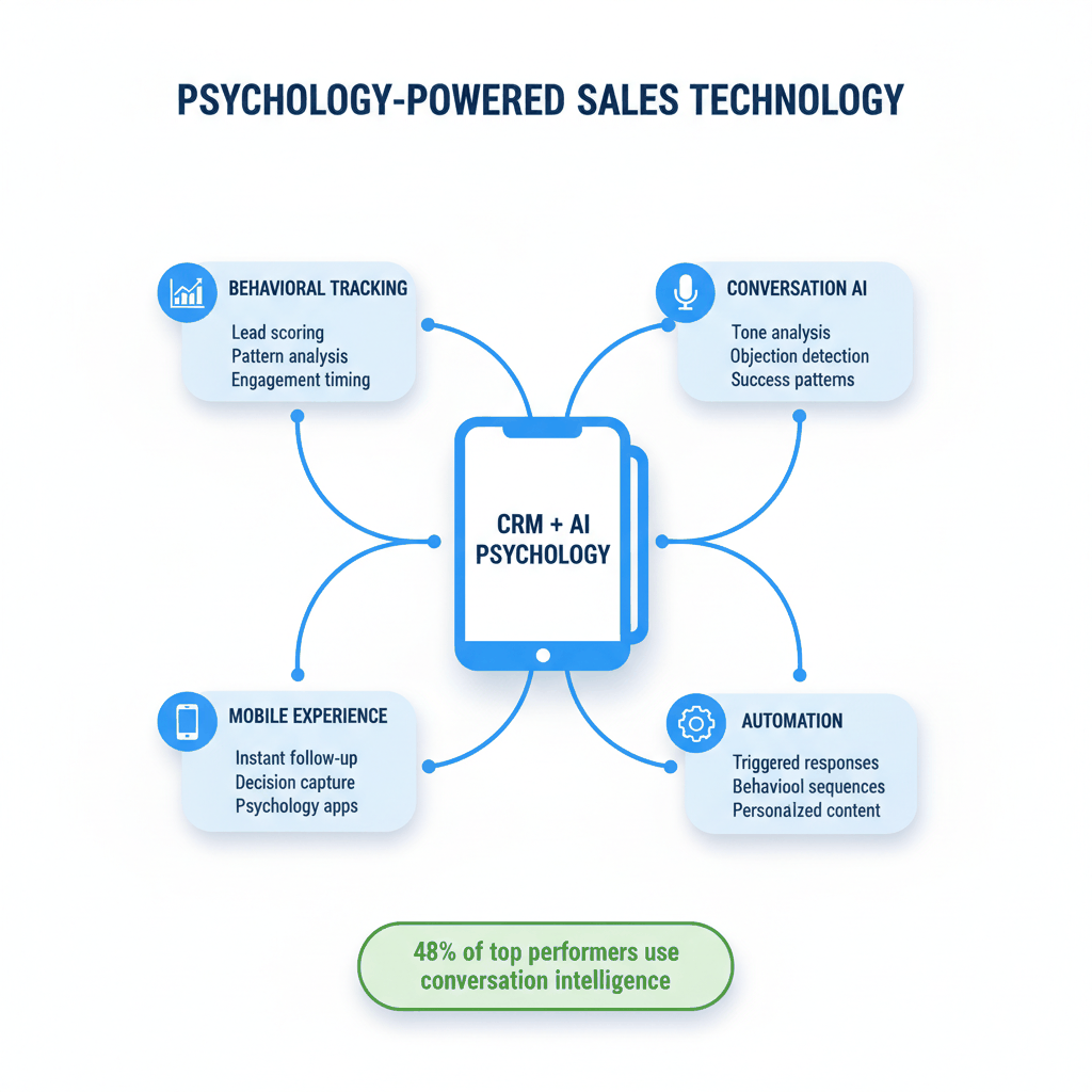 Technology integration diagram showing how CRM, AI, mobile tools, and automation support psychology-based auto insurance sales techniques
