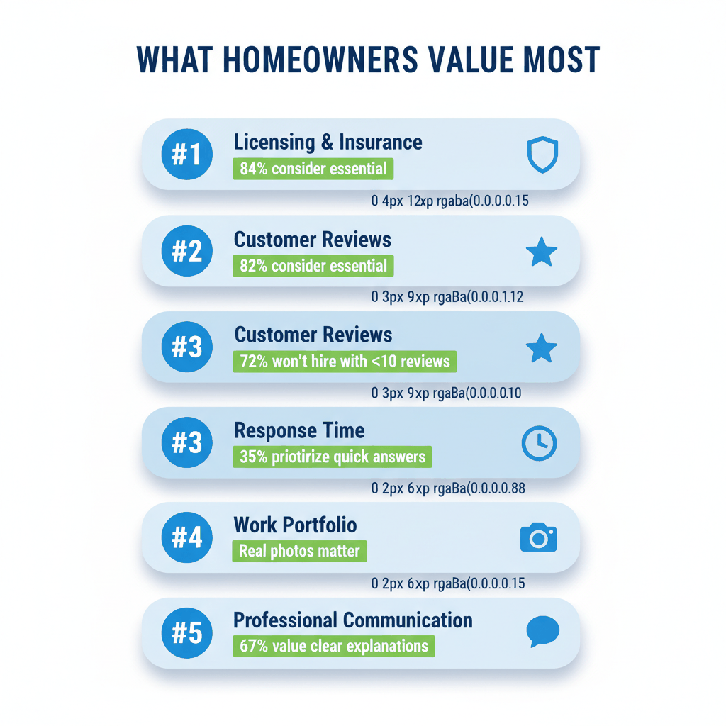 Trust factor ranking showing licensing, reviews, response time, portfolio, and communication priorities for handyman customer decisions
