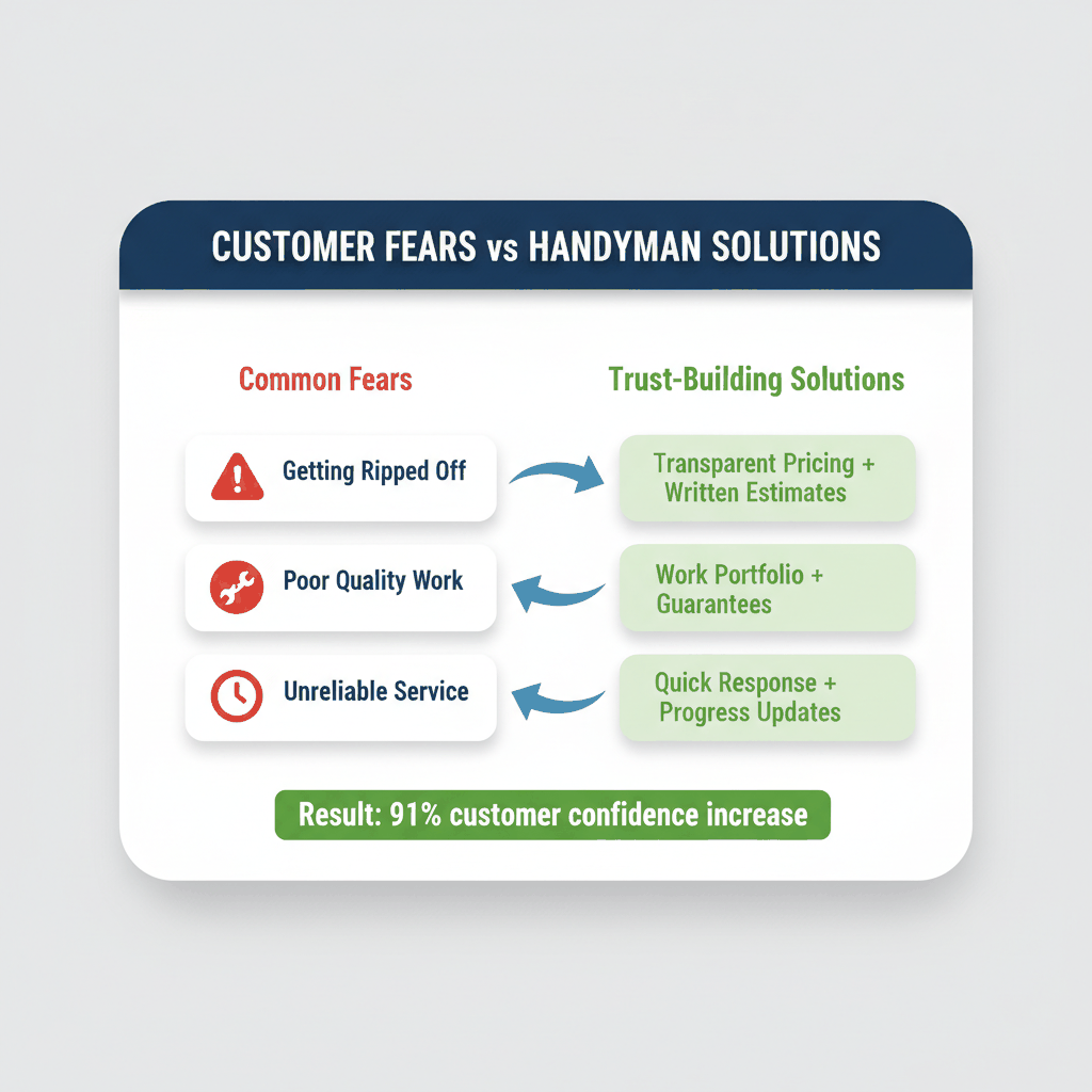 Customer fear and solution matrix showing how transparent pricing, work portfolios, and quick response overcome handyman hiring anxieties