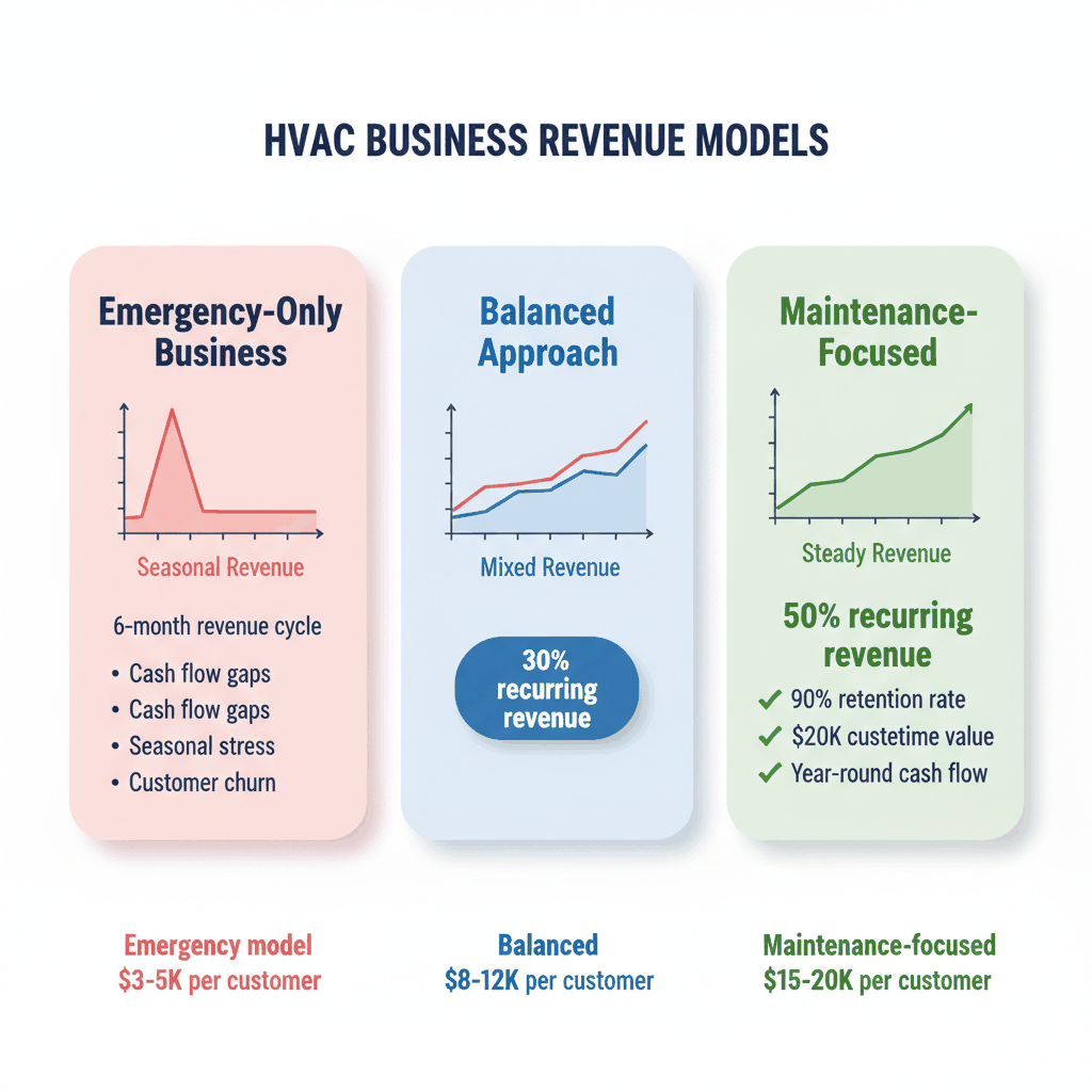 HVAC revenue model comparison chart showing emergency-only vs maintenance-focused business financial performance
