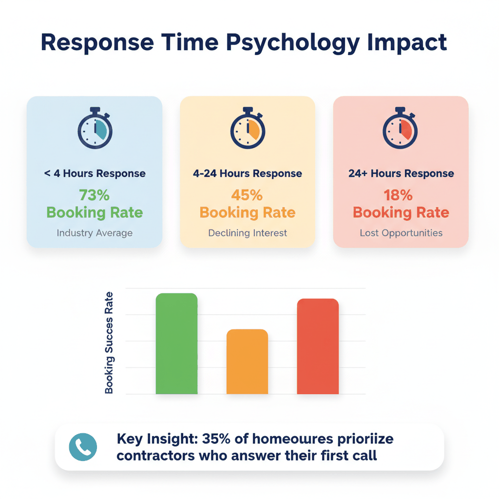 Response time dashboard showing booking rates decline from 73% to 18% based on handyman response speed to customer inquiries