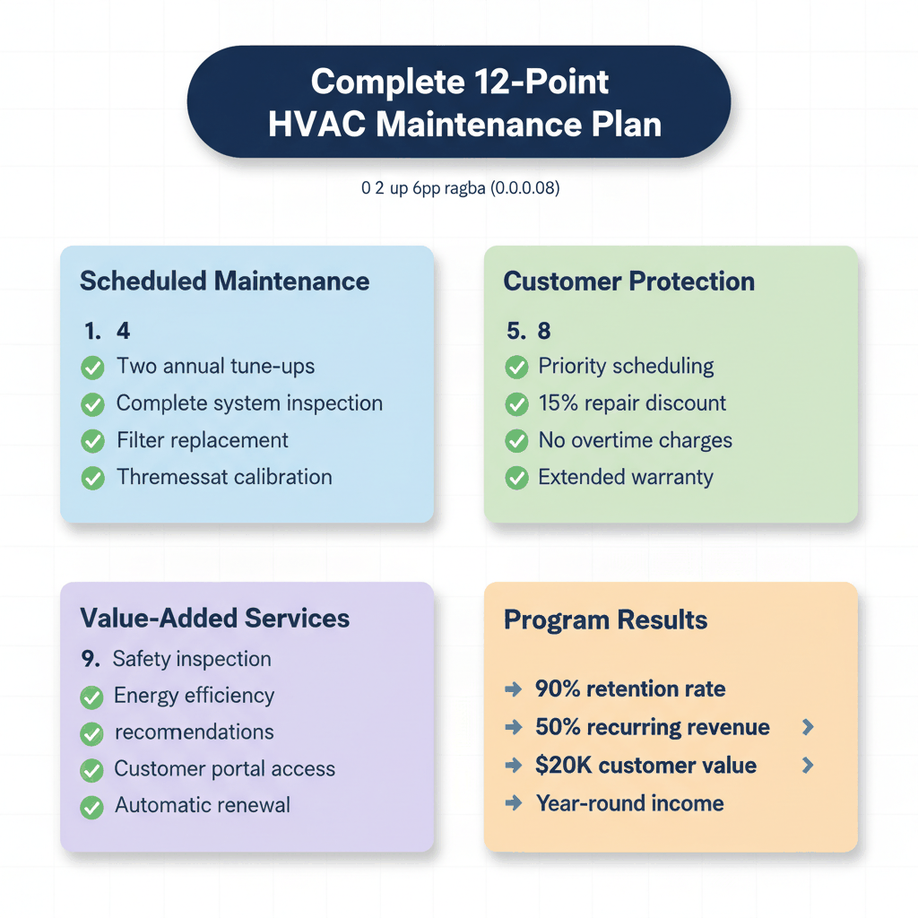 Visual checklist of 12-point HVAC maintenance program including scheduled visits, customer protection, and value-added services
