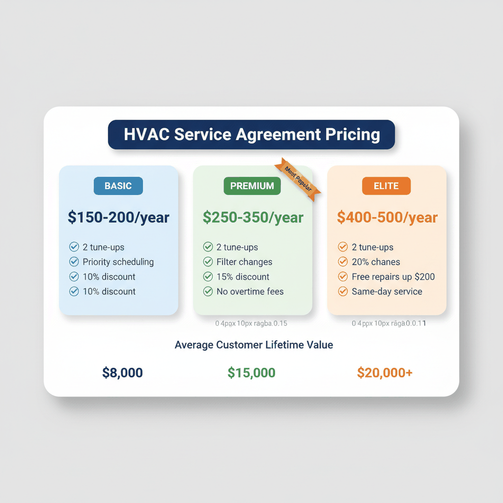 Three-tier HVAC maintenance agreement pricing structure showing Basic, Premium, and Elite service plans with features and lifetime value