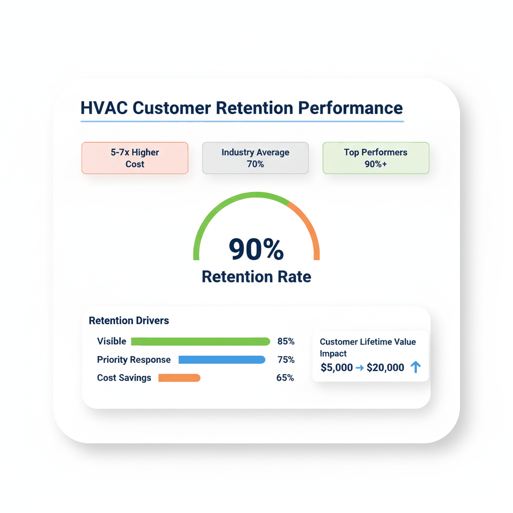HVAC customer retention rate dashboard showing 90% retention performance metrics and lifetime value impact