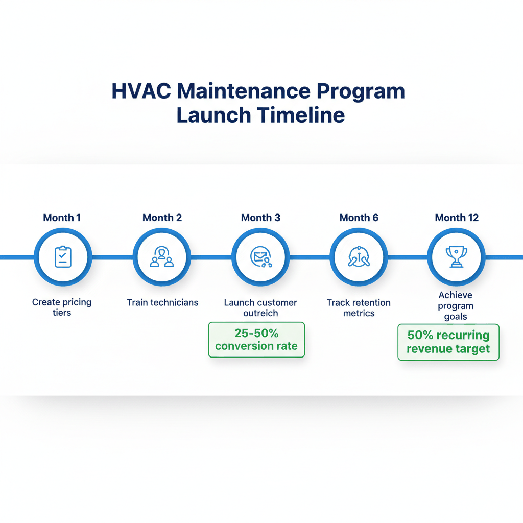 HVAC maintenance program implementation timeline showing 12-month launch plan from pricing creation to revenue goals