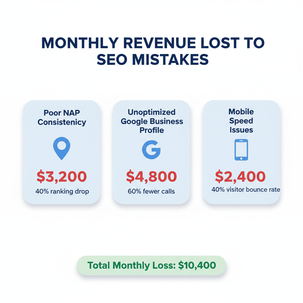Monthly revenue loss comparison chart showing $10,400 lost from roofing local SEO mistakes - NAP consistency and Google Business Profile optimization