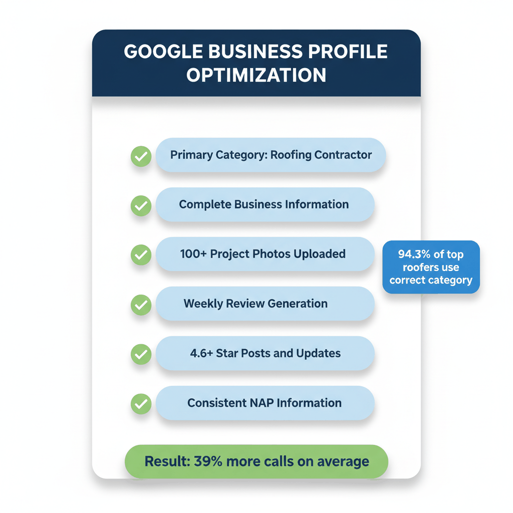 Google Business Profile optimization checklist for roofing contractors showing 7 essential steps and 94.3% category usage statistic