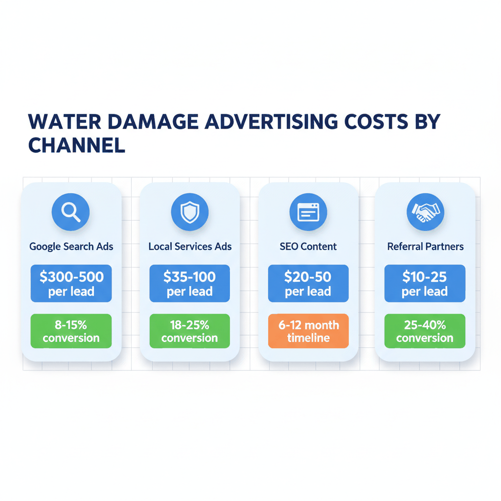 Water damage advertising cost breakdown showing Google Ads at $300-500 per lead, Local Services Ads at $35-100, SEO at $20-50, and referral partners at $10-25 per lead